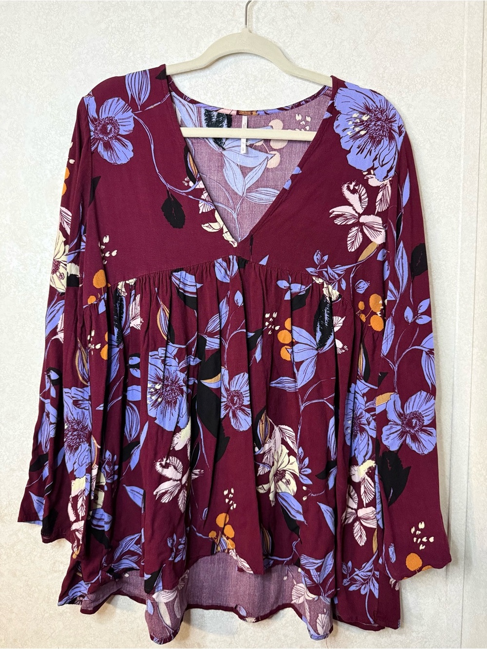 Free People Bella Maroon Floral Tunic Blouse